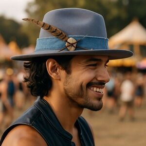 Felt Fedora Hat Denim Band‎ Feather Accent Stone Detail Boho Chic